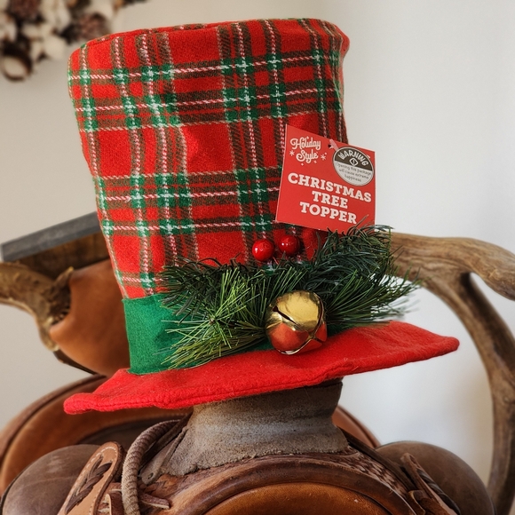 Tree Topper - Festive Plaid Christmas Top Hat Tree Topper Red Green NWT - Picture 2 of 7